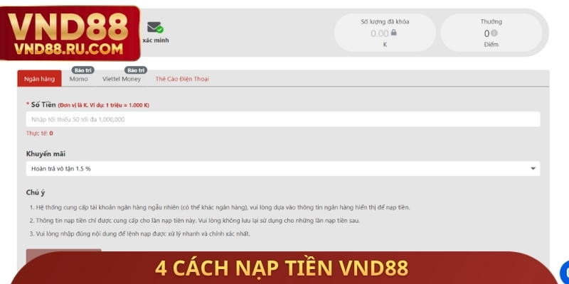 4 cách nạp tiền VND88