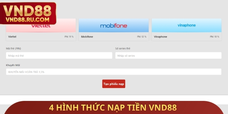 4 hình thức nạp tiền VND88